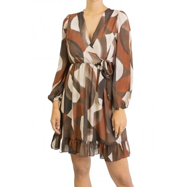 Vestito scollo a V fantasia con cinta laterale 